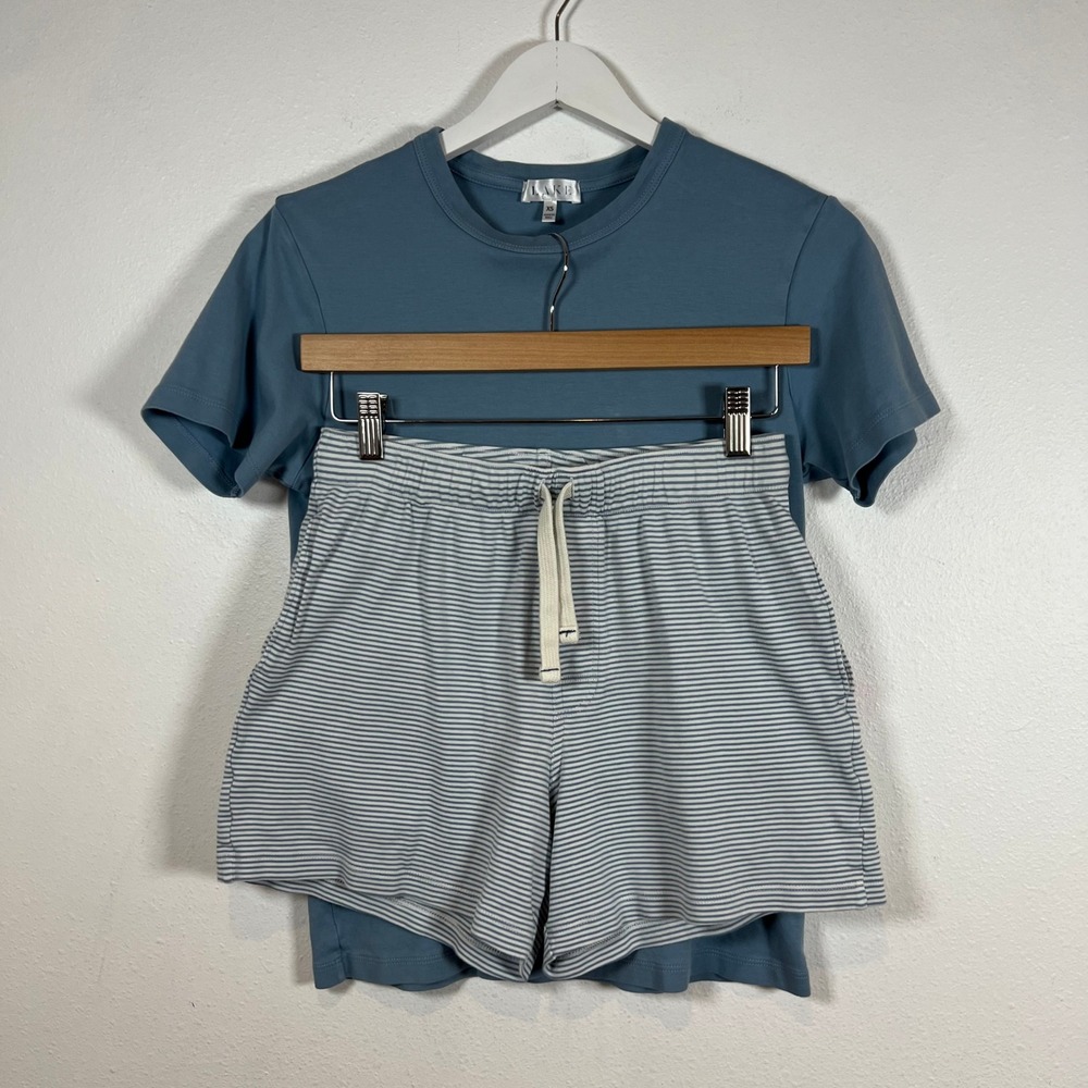 Lake Pajamas Short T-Shirt Set Womens XS Pima Cotton Dusty Blue Striped Lounge